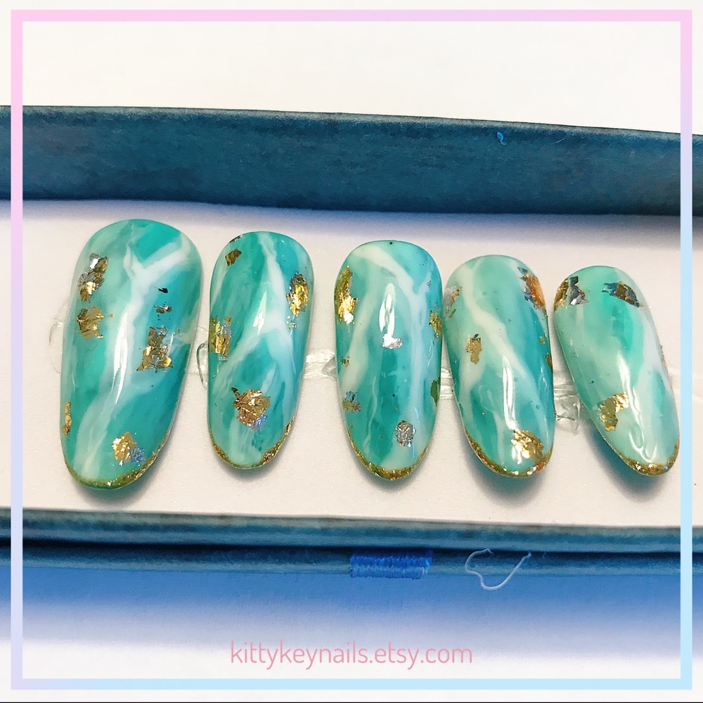Jade press on nails with gold leaf